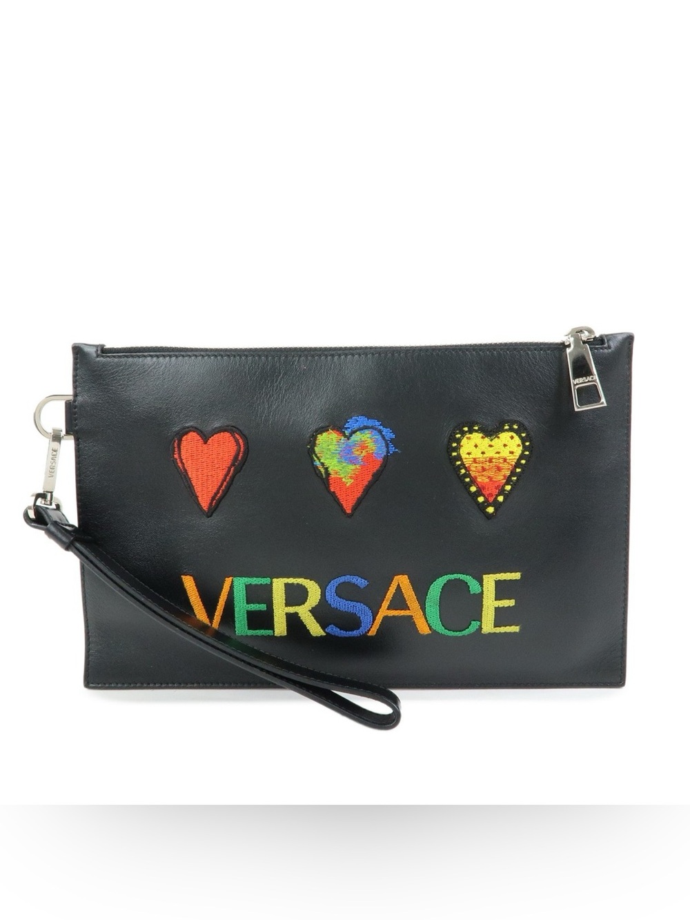 Versace Small Embroidered Heart Patch Logo Pouch (Black Multi)
